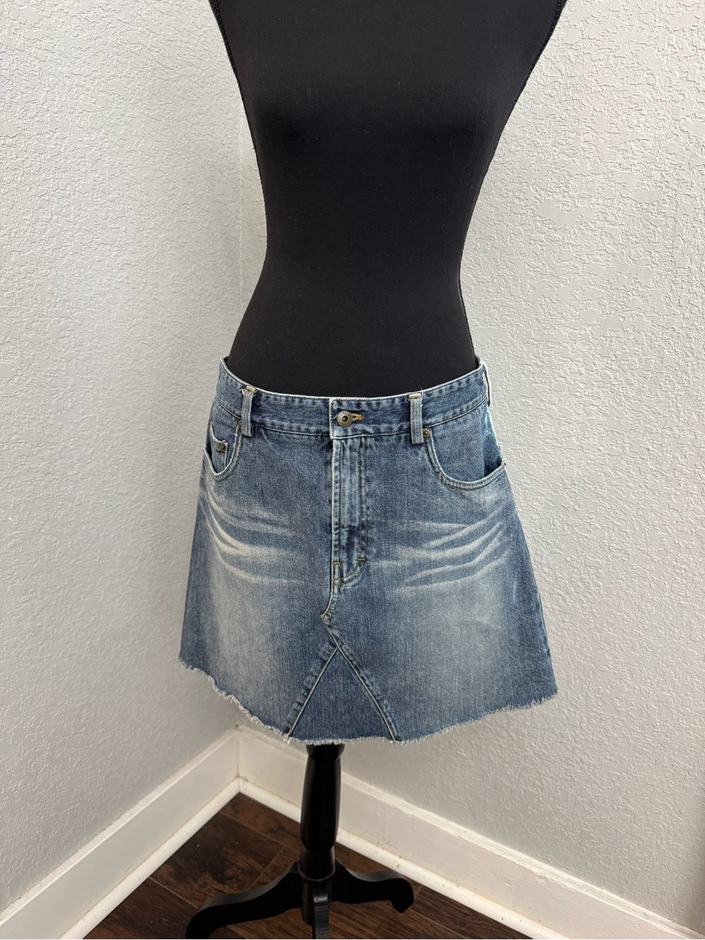 DKNY Y2K Light Blue Distressed Denim Mini Skirt